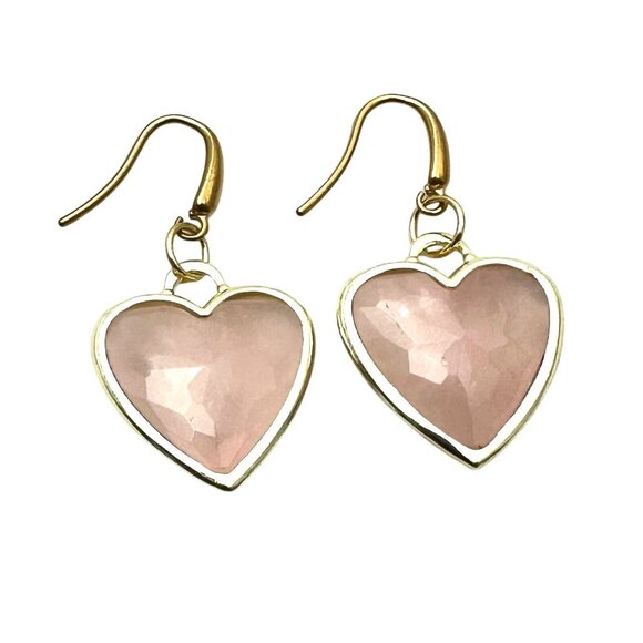 Womens Rose Quartz Gemstone Pink Heart Gold Plated Earrings Pierced Chandelier - Picture 2 of 6